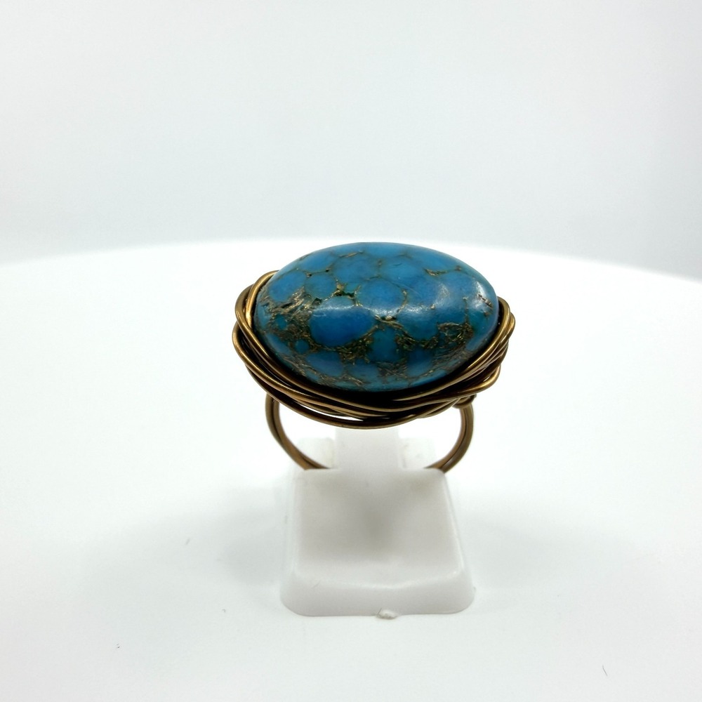 VTG Brass Tone Faux Turquoise Statement Ring - Blue Gold Tone